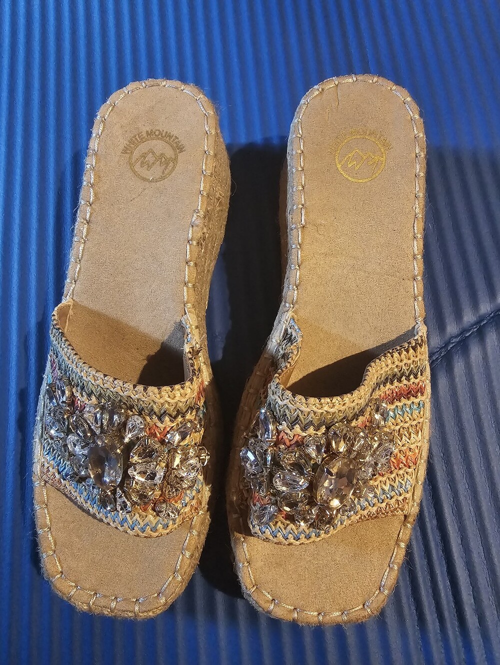Embellished Woven Slide Sandals in Tan with Jewel Accents